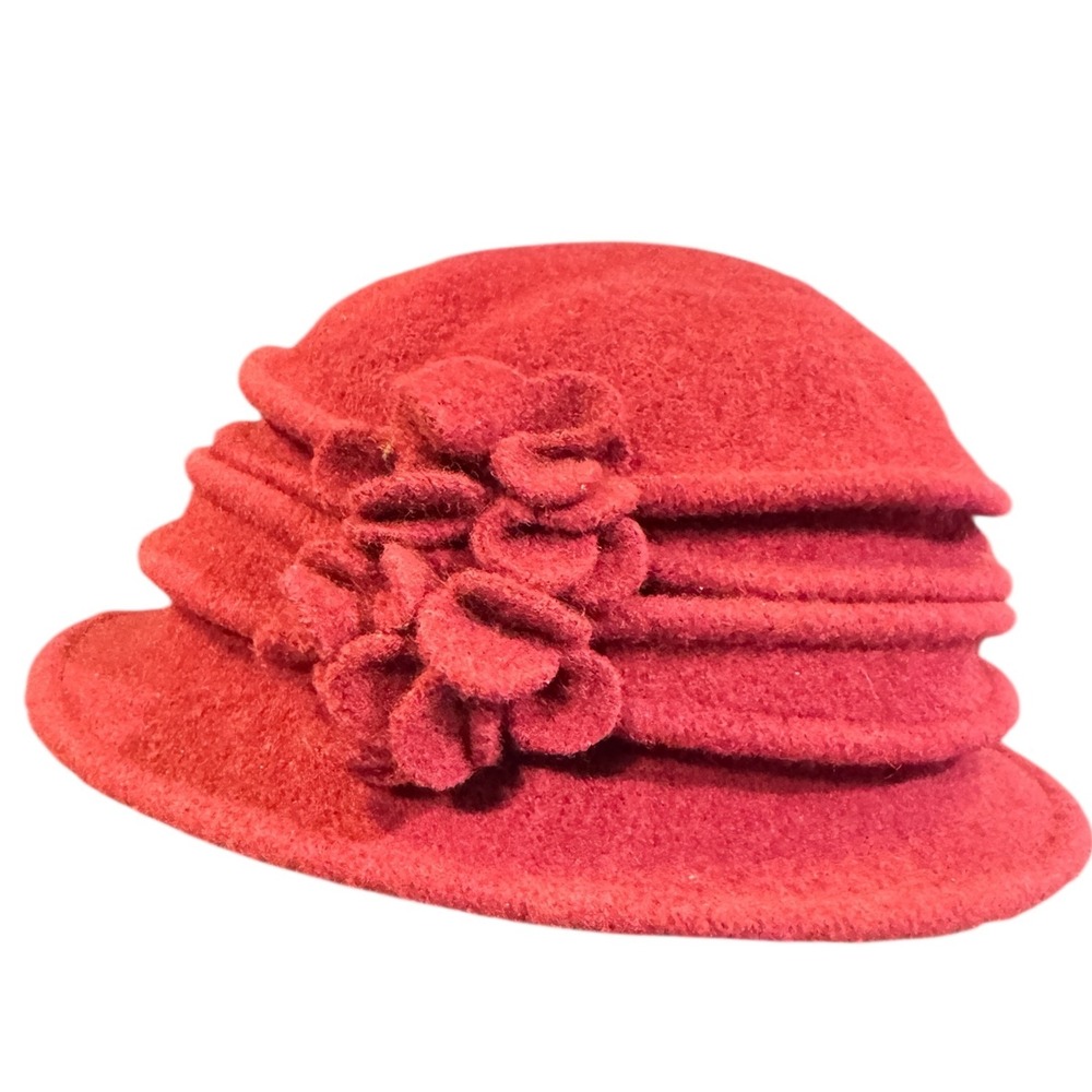 Shihreen Wool‎ Cloche Hat Flower Accent Cranberry Red Womens One Size